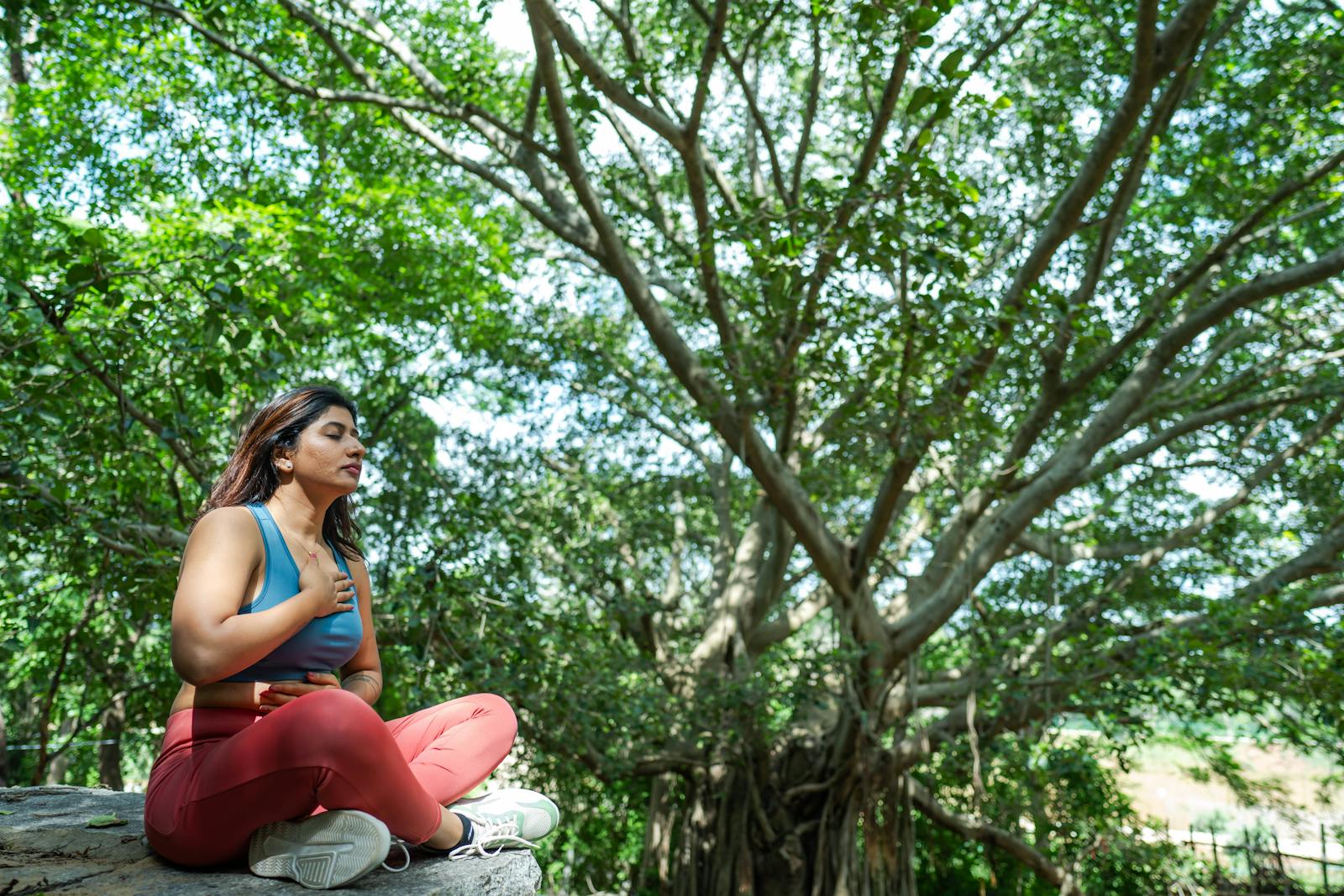 Quiet outdoor meditation surrounded by greenery — calming the nervous system